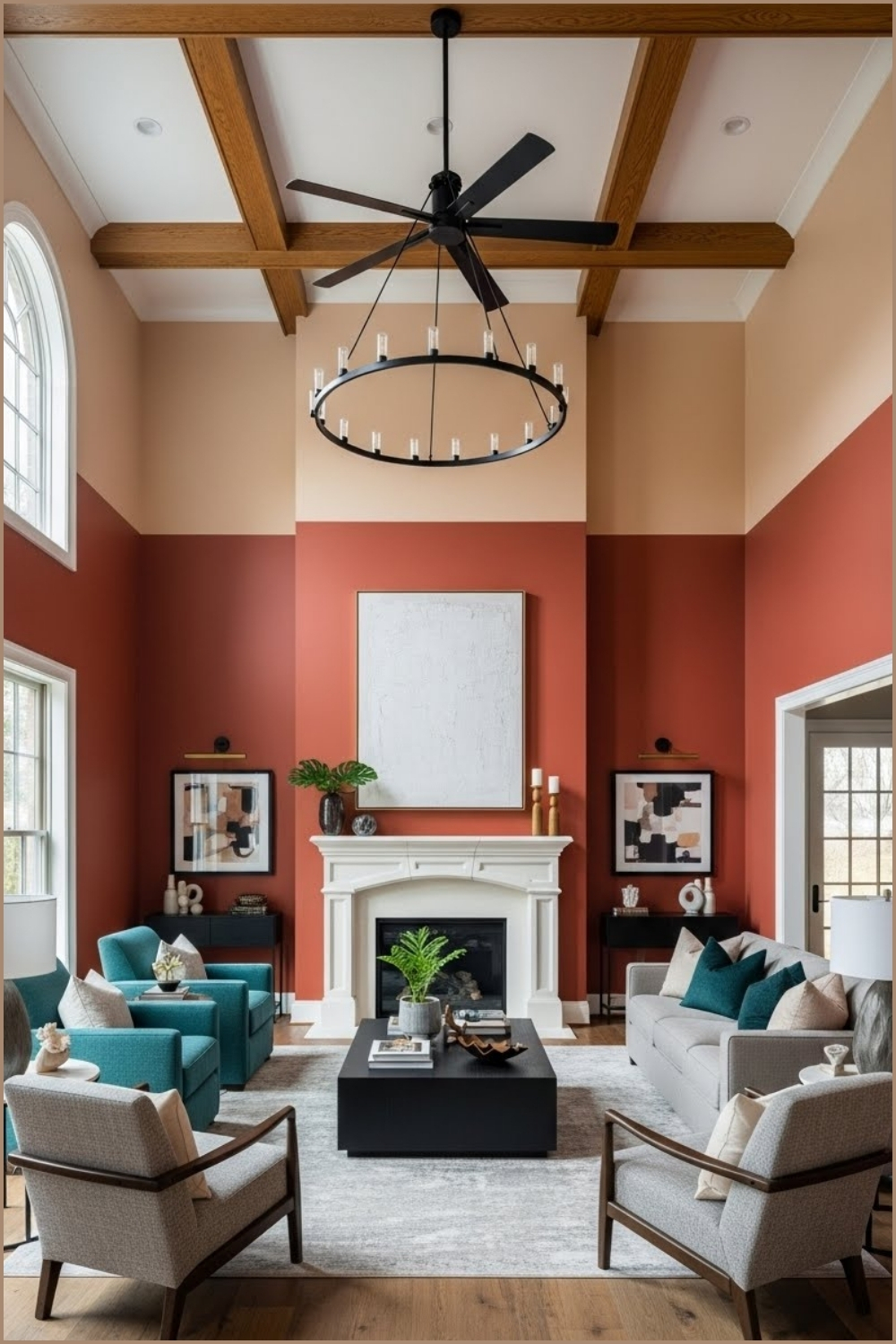 Double Height Living Room With Dramatic Color Blocked Walls