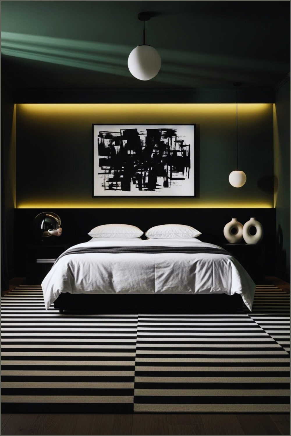 Dramatic Dark Emerald Bedroom, Black And White Abstract