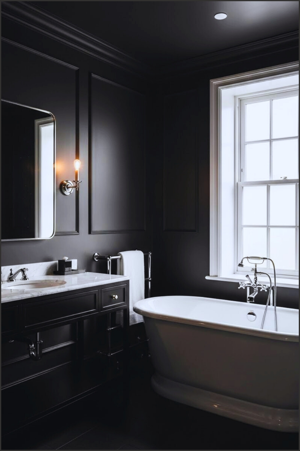 Dramatic Modern Classic Bathroom With A Matte Black Ceiling