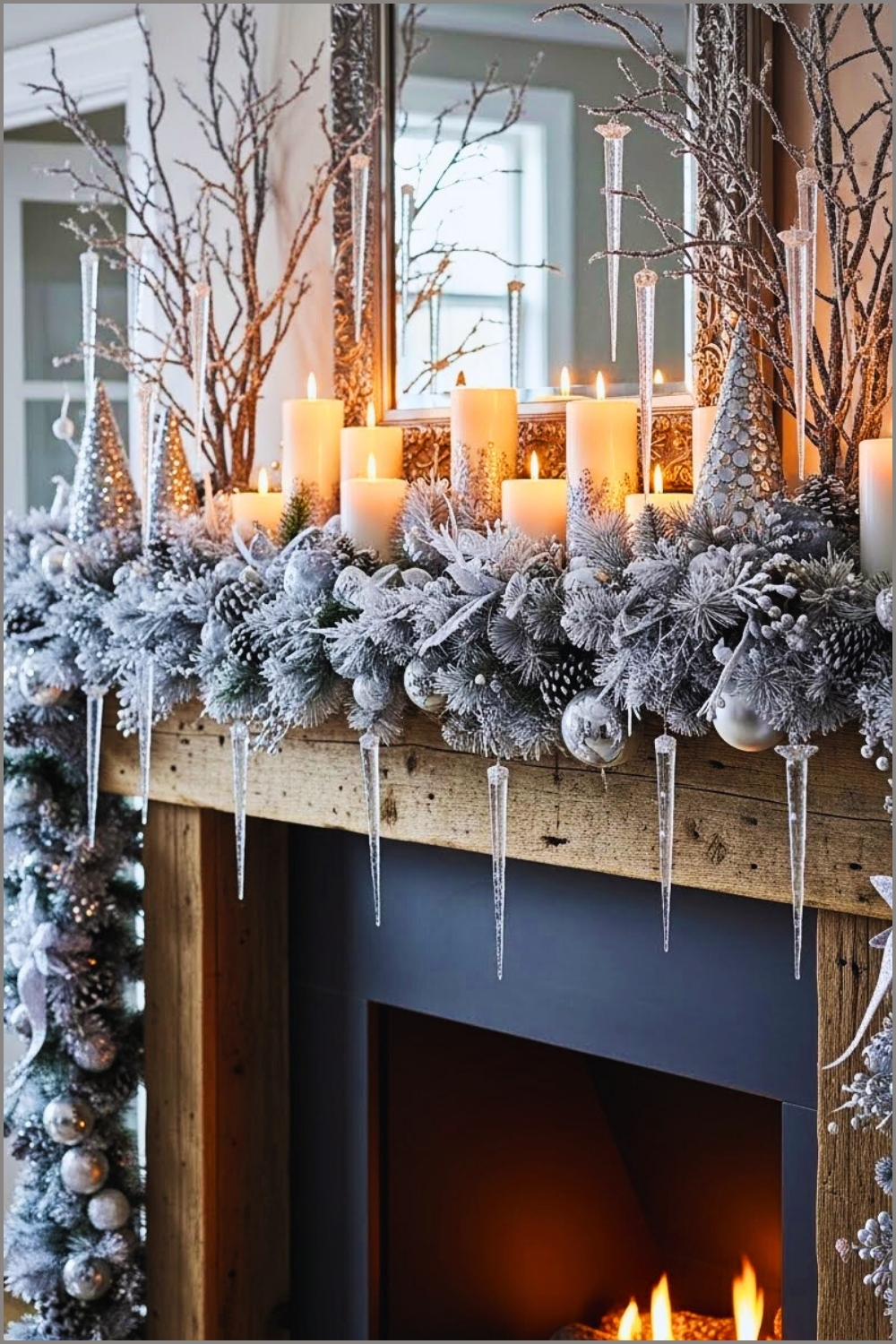 Dramatic Winter Mantel Decorated With Frosted Silver Branches
