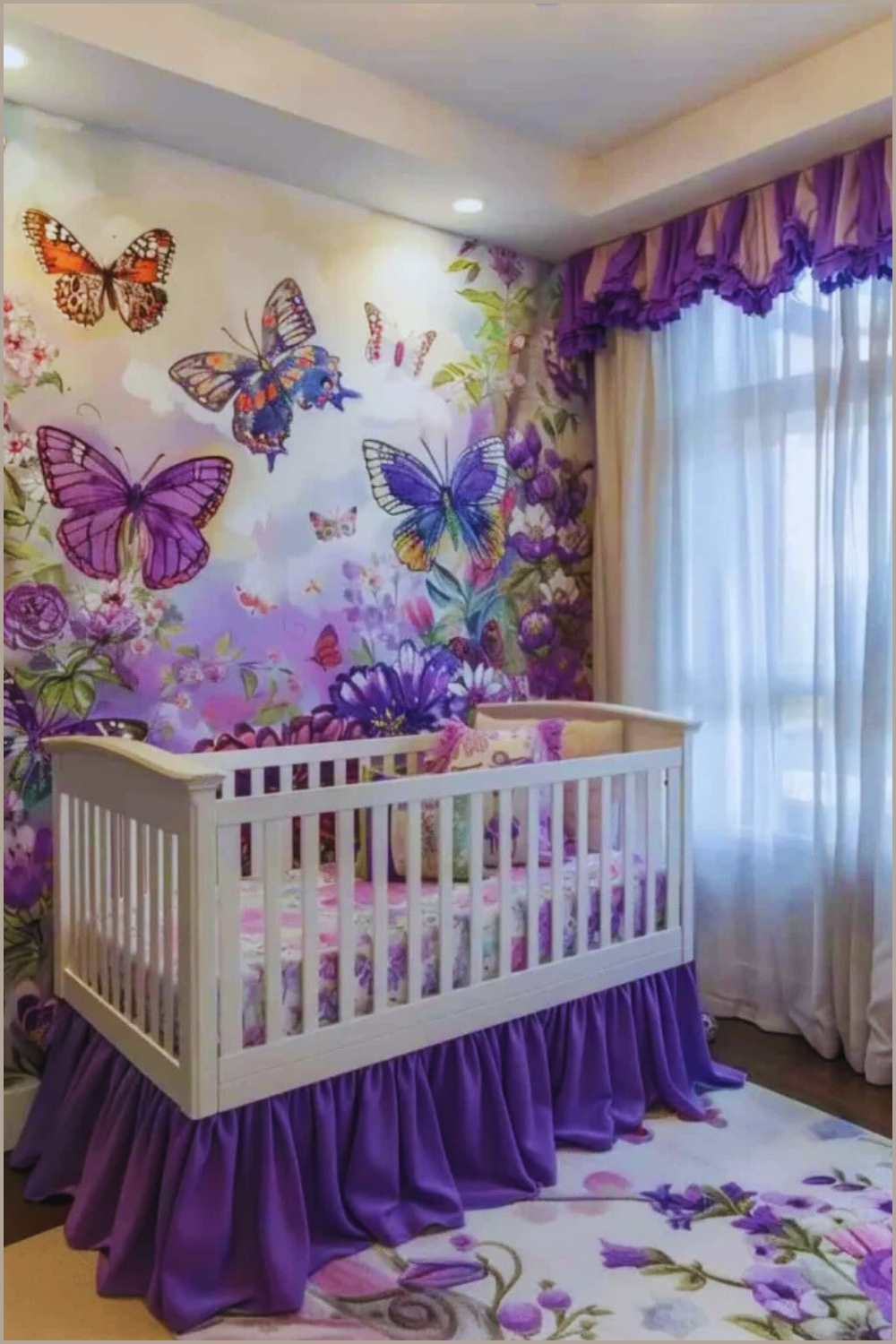 Dreamy Purple Butterfly Nursery Interior With A White Wooden