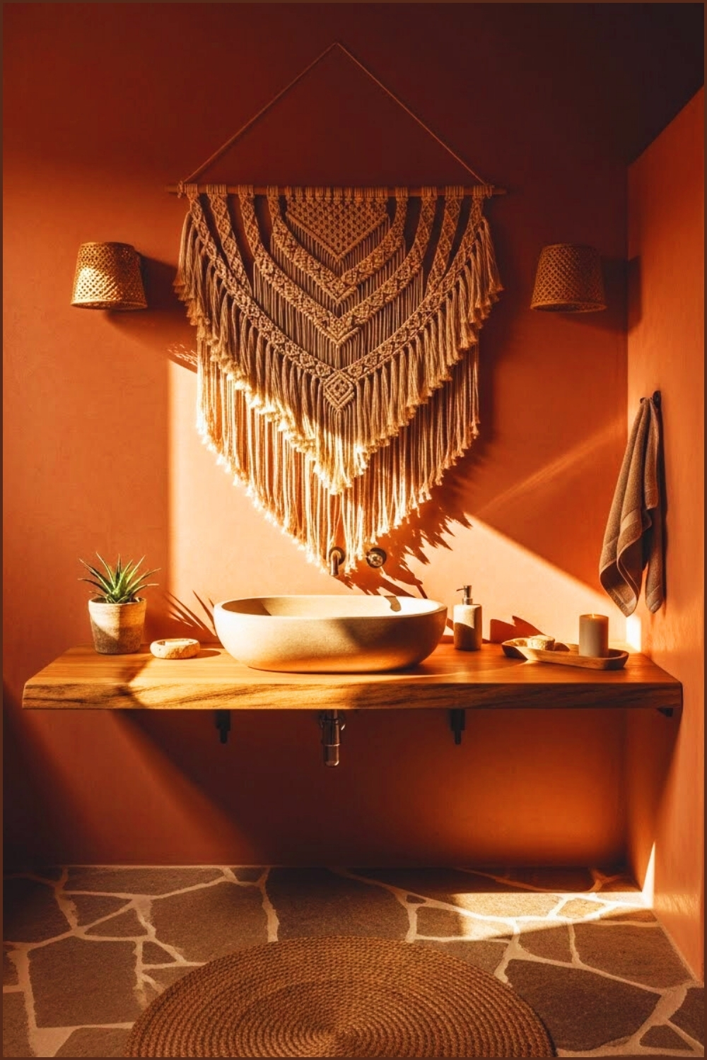 Earthy Boho Bathroom With Terracotta Walls, Clay Sink
