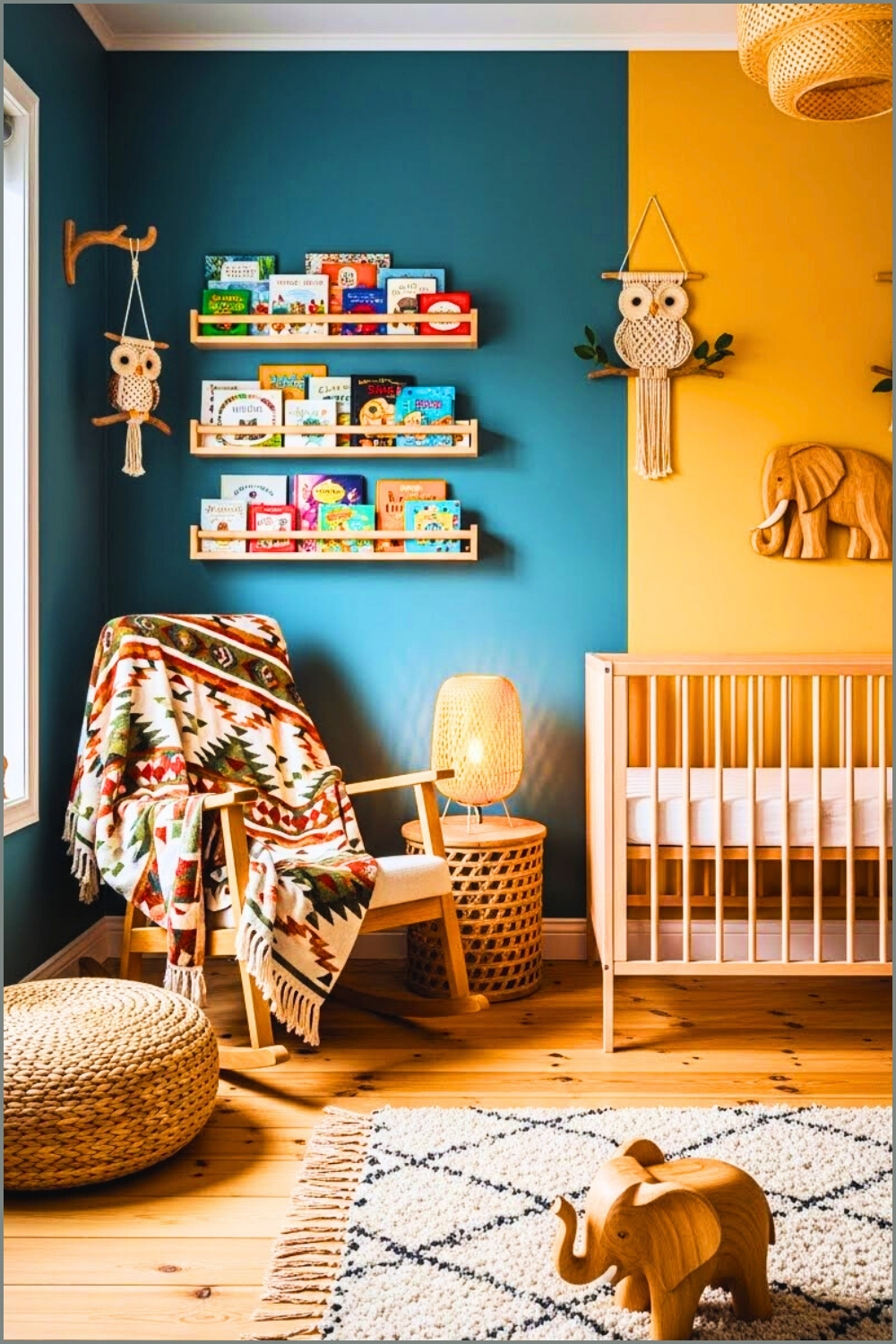 Earthy Boho Nursery Teal Accent Wall Warm Yellow Wall