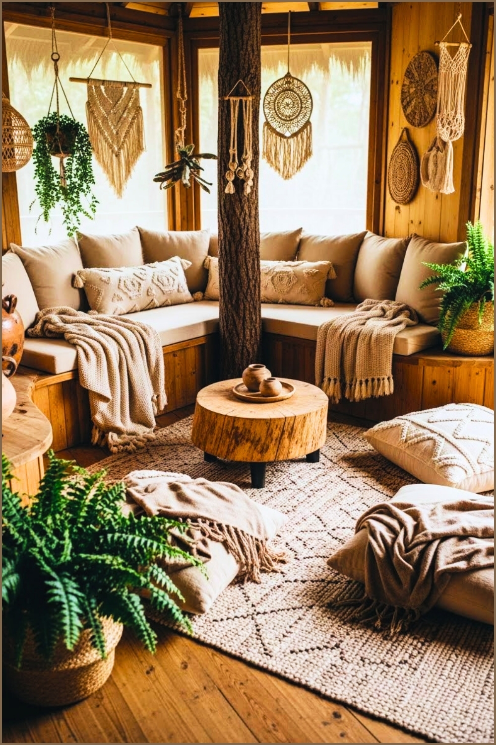Earthy Boho Treehouse Lounge With Natural Tree Trunk