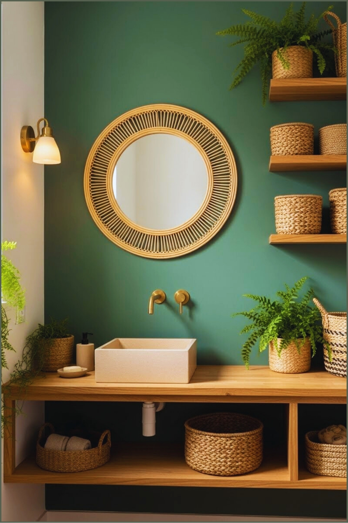 Earthy Modern Boho Bathroom With Deep Green Walls