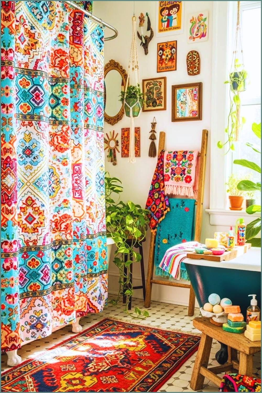 Eclectic Boho Bathroom With Bold Patterned Shower Curtain