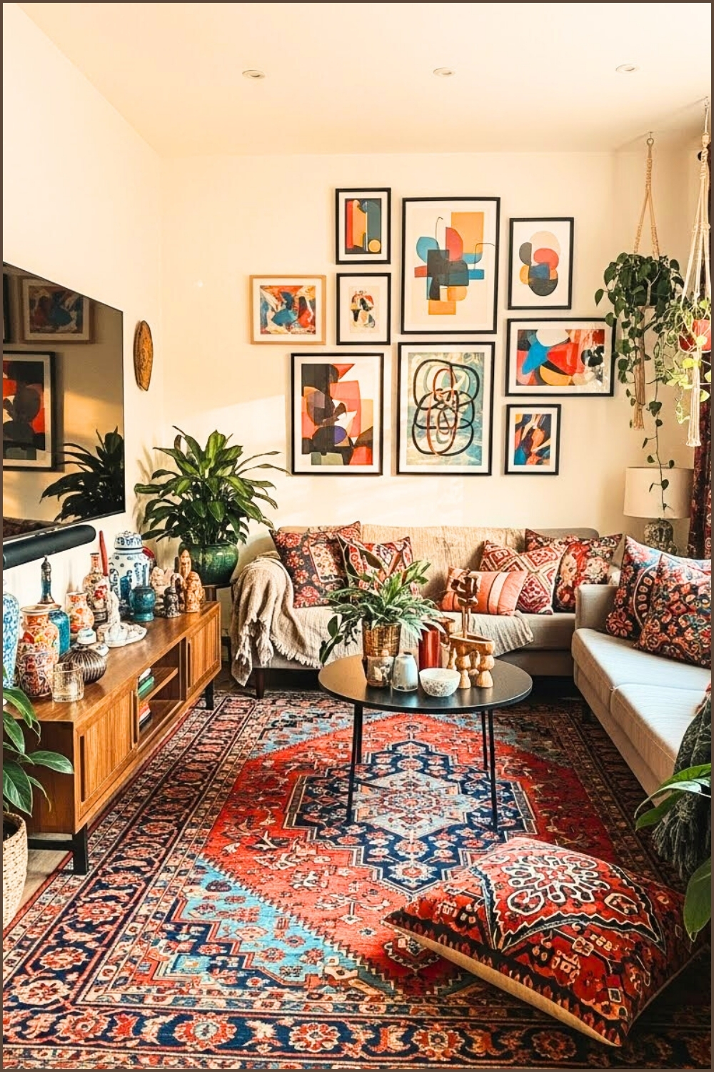 Eclectic Boho Living Room, Colorful Patterned Rug