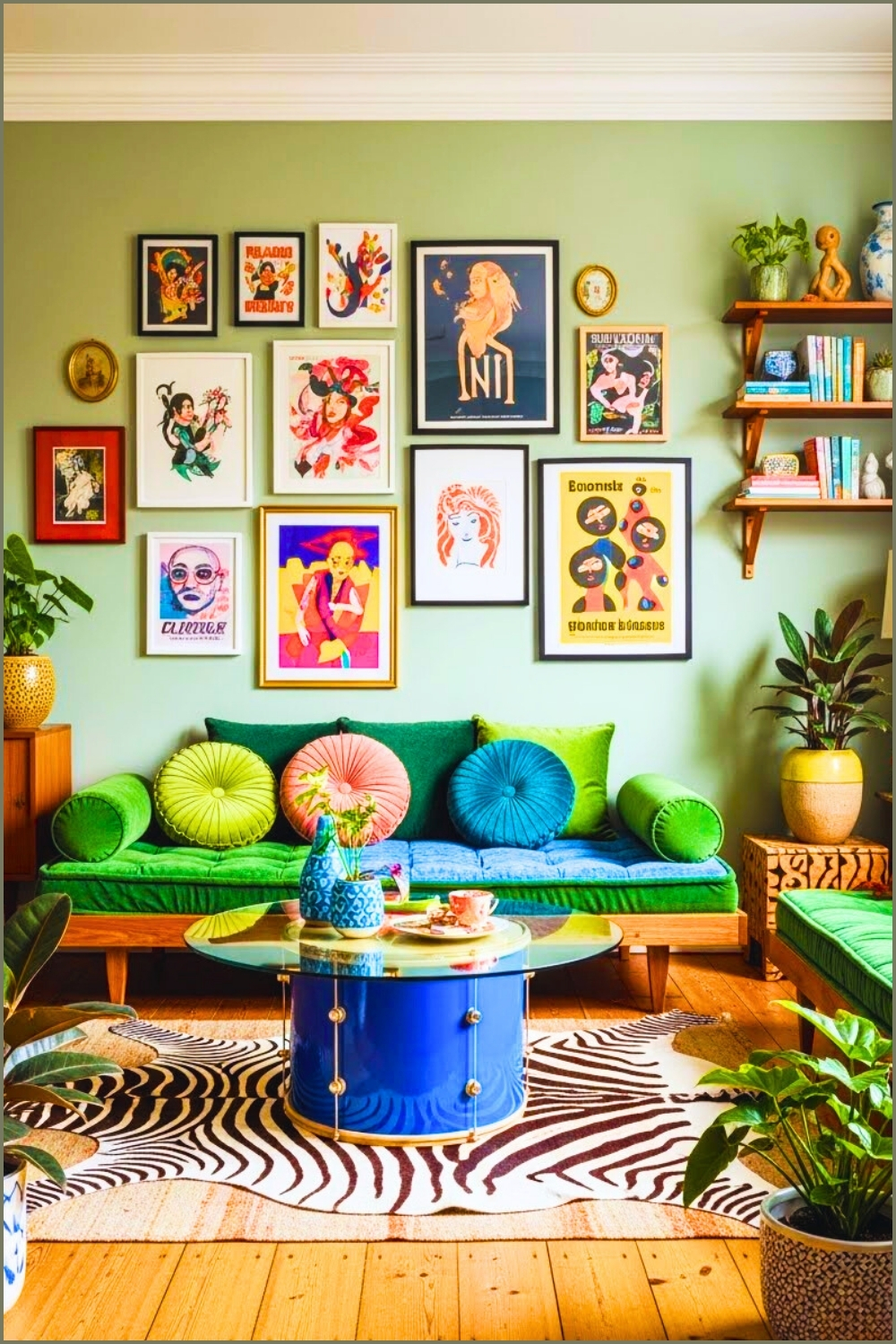 Eclectic Boho Living Room With Sage Green Walls, Vintage Gallery Wall