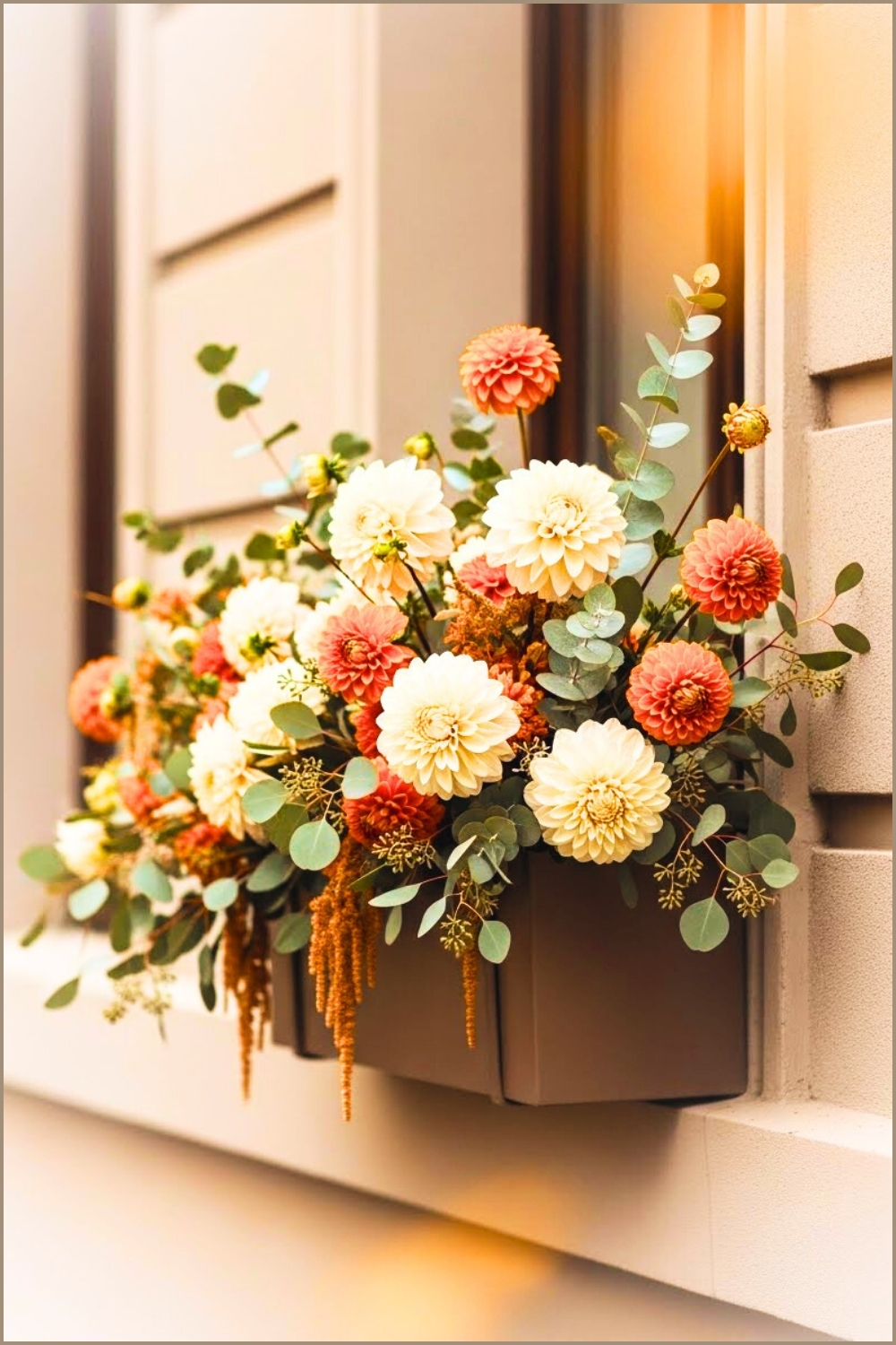 Elegant Autumn Window Box With Cream Dahlias