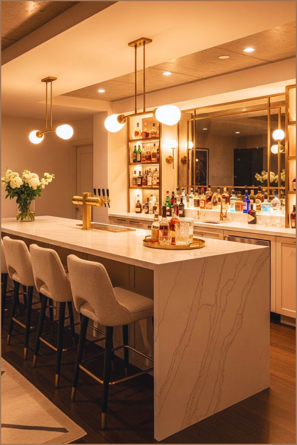 Elegant Basement Bar With Large Quartz Island
