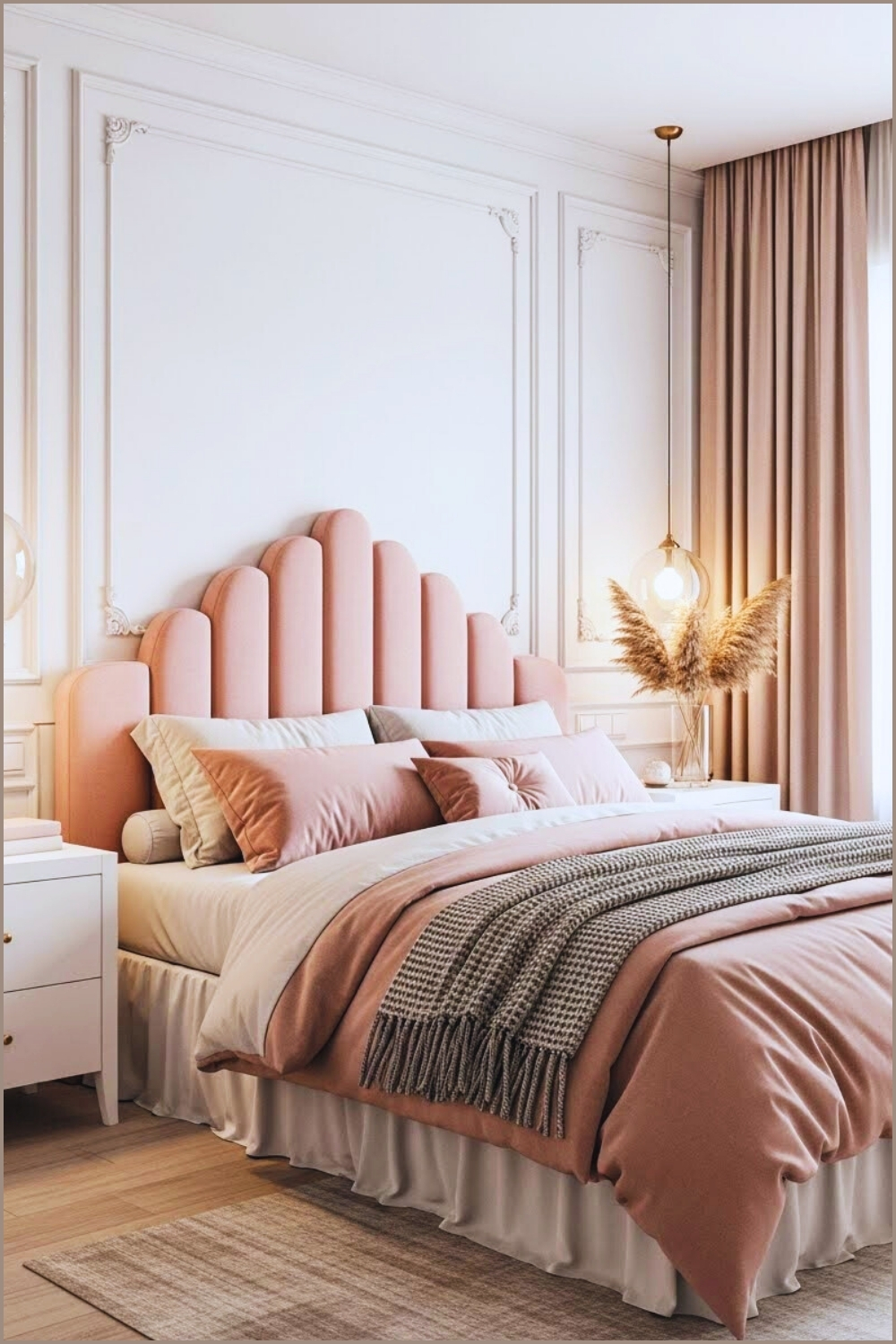 Elegant Blush Pink Bedroom Interior With Scalloped