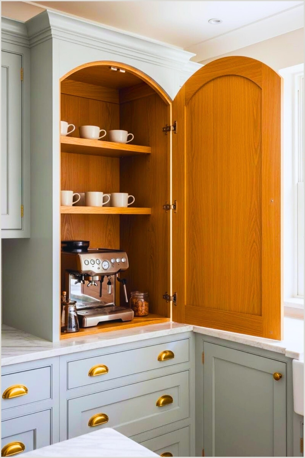 Elegant Builtn In Coffee Bar Hidden Inside Kitchen Cabinetry
