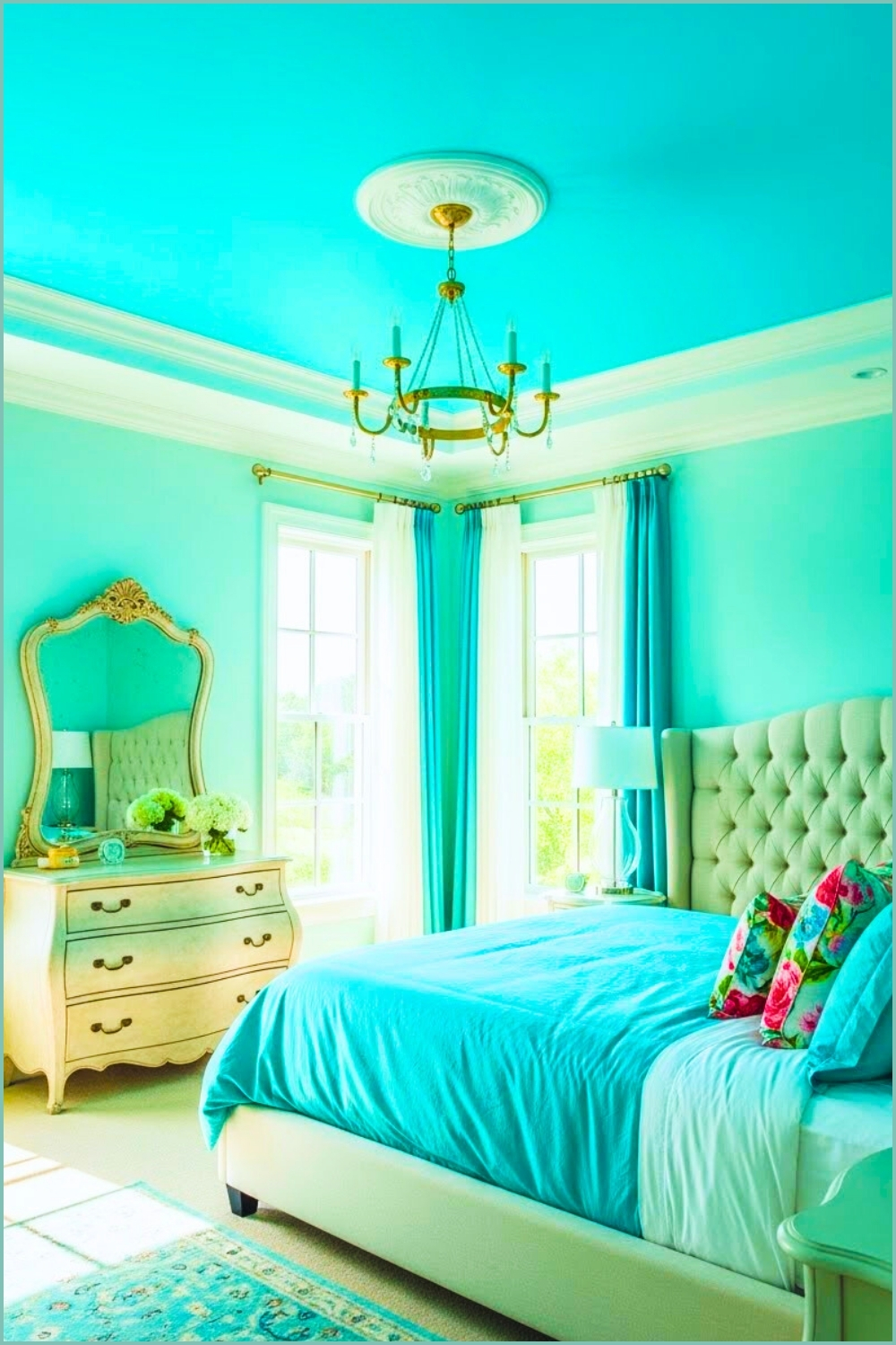 Elegant Colorful Bedroom With A Bold Turquoise Painted