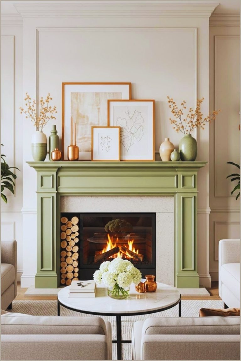 Elegant Cozy Living Room Interior With A Sage Green Fireplace