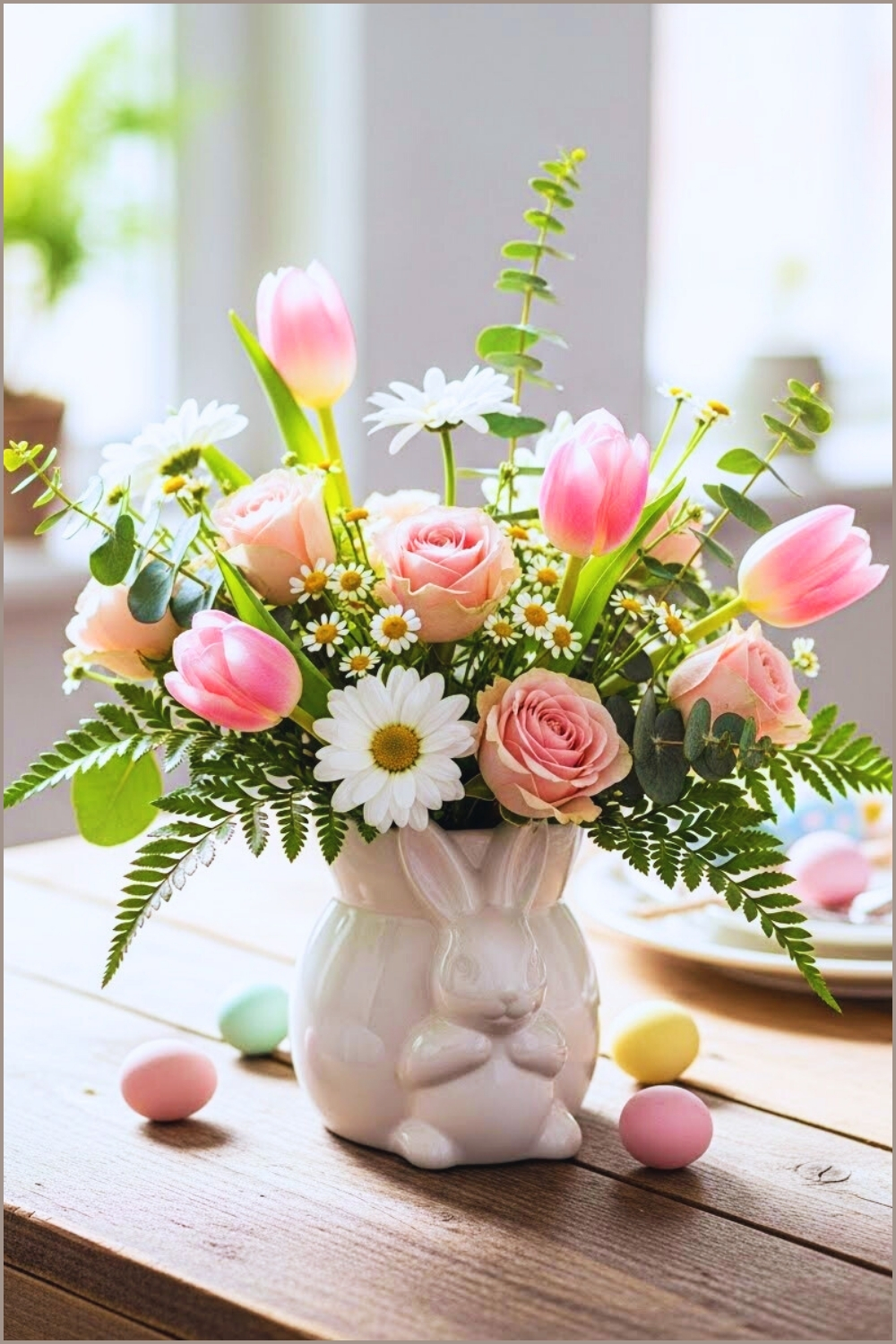 Elegant Easter Centerpiece On A Rustic Wooden Table