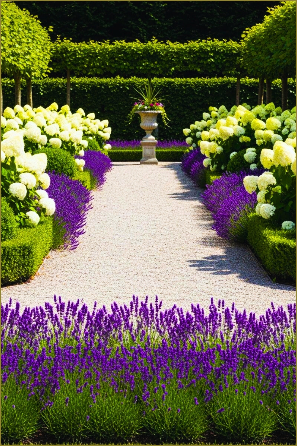Elegant Formal Garden Walkway Lined With White Hydrangeas