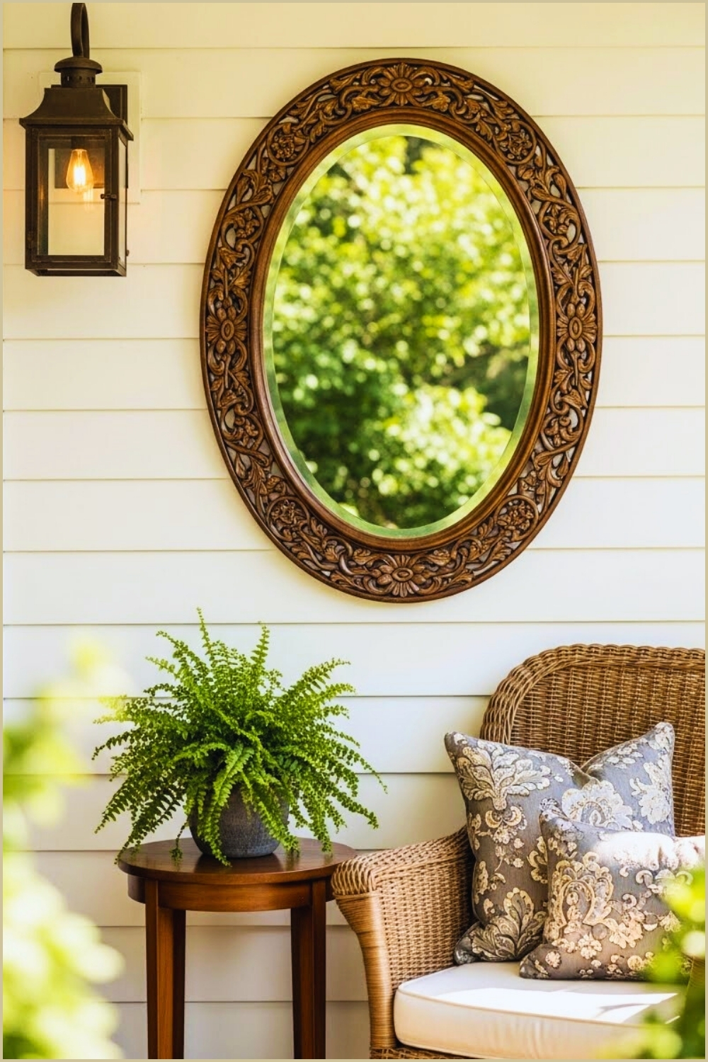 Elegant Front Porch With A Large Antique Oval Carved