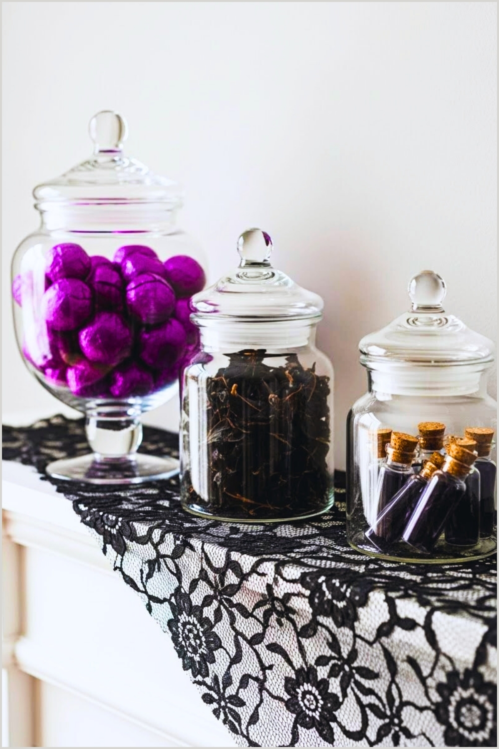 Elegant Halloween Apothecary Mantel Decor Featuring