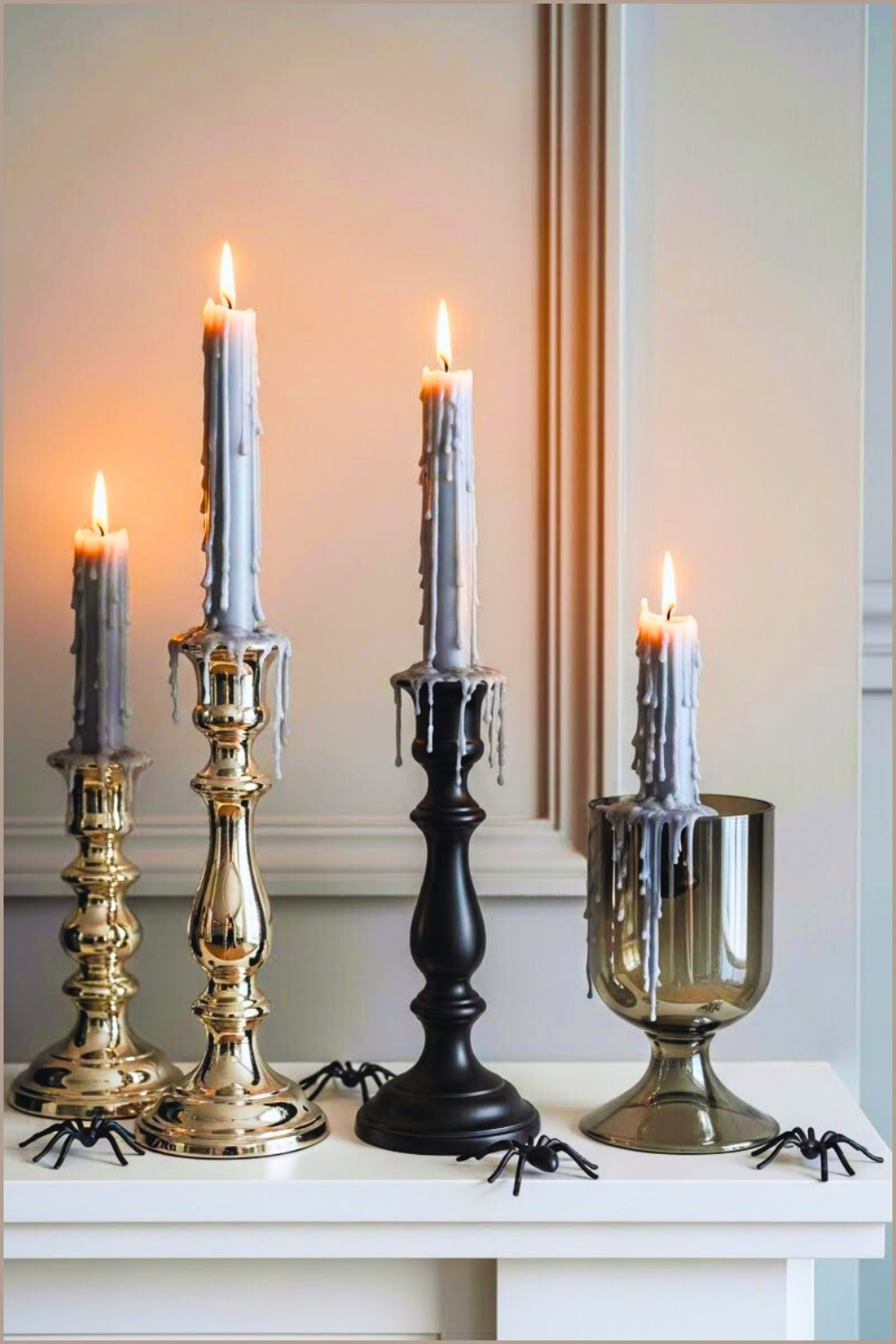 Elegant Halloween Mantel Decor Featuring Three Lit Gray