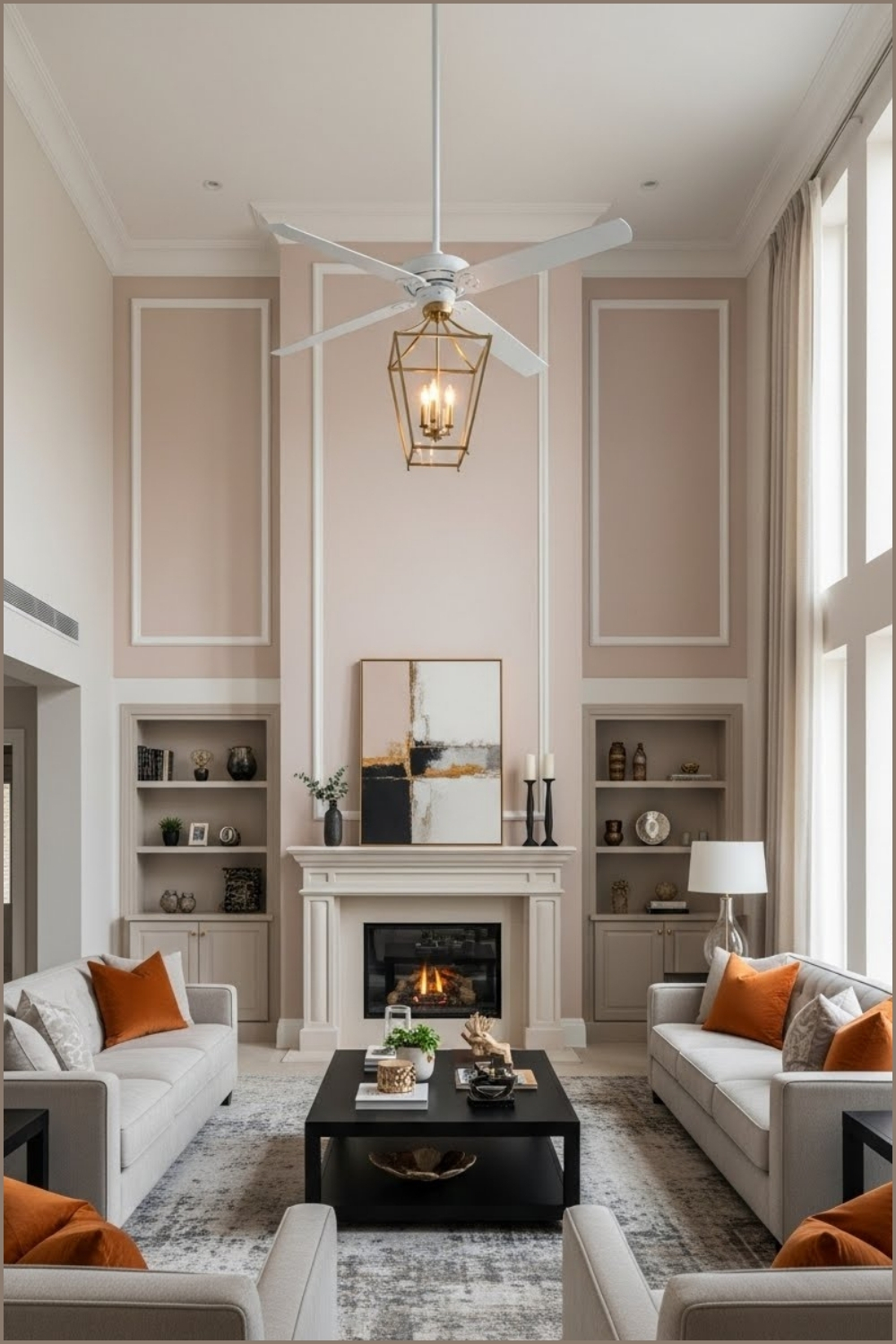 Elegant High Ceiling Living Room With A Dramatic Vaulted