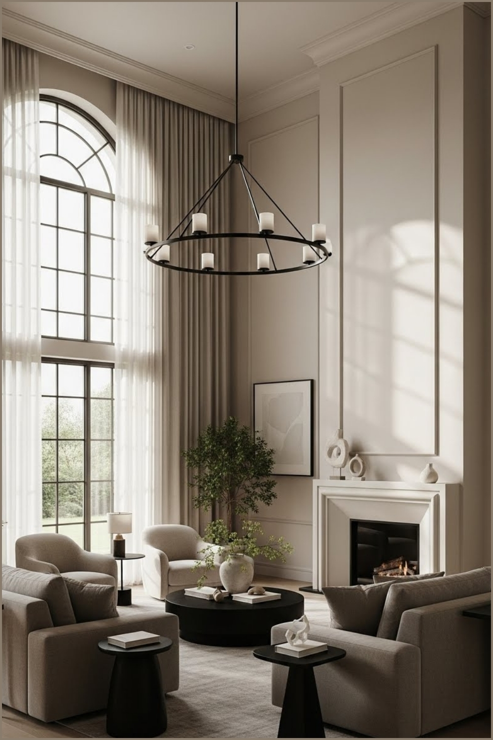 Elegant High Ceiling Living Room With Dramatic Vertical Proportions