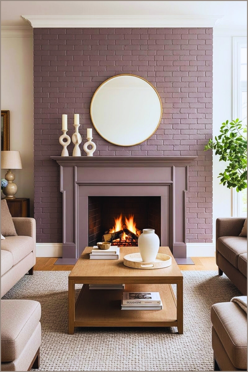 Elegant Living Room With A Muted Plum Painted Brick Fireplace Wall
