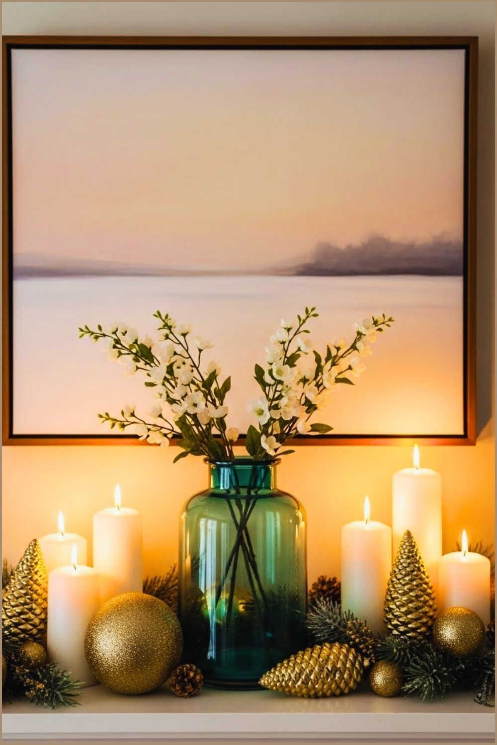 Elegant Mantel Decorated With A Teal Glass Vase Filled