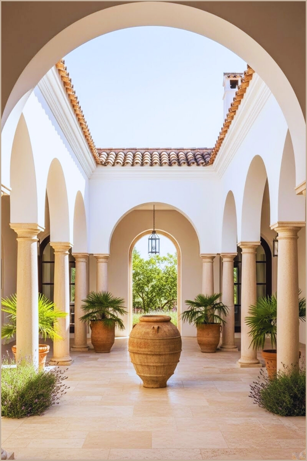 Elegant Mediterranean Courtyard With Grand White Stucco Archways
