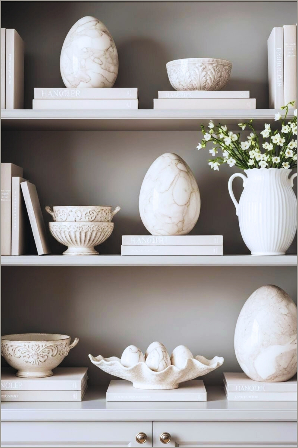 Elegant Neutral Toned Bookshelf Styled