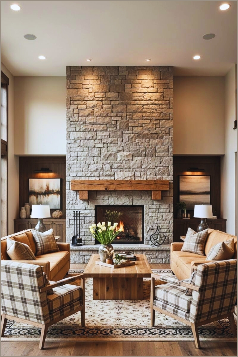 Elegant Rustic Living Room With A Grand Floor To Ceiling Stone Fireplace