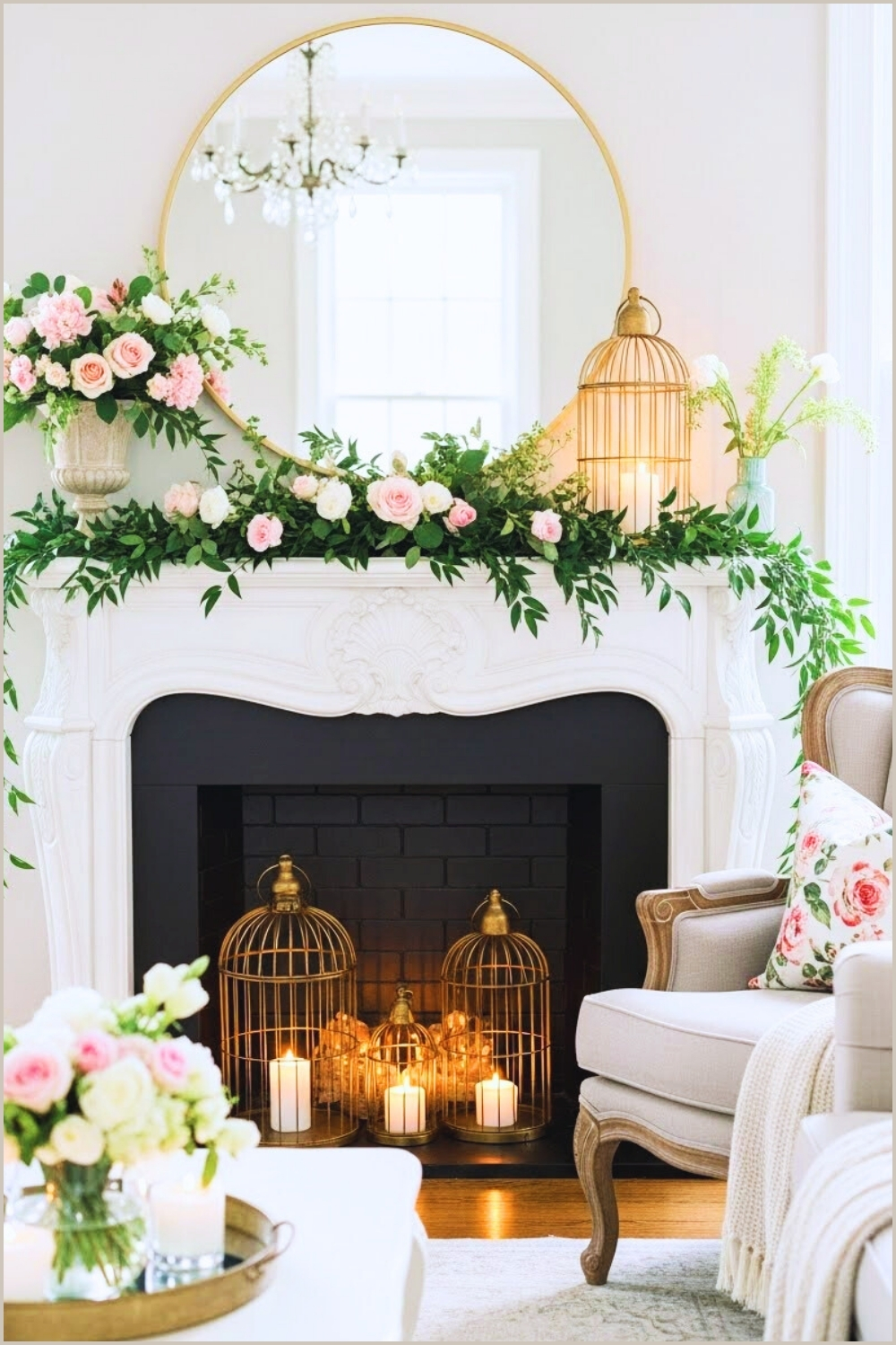 Elegant Spring Living Room With A White Ornate Fireplace