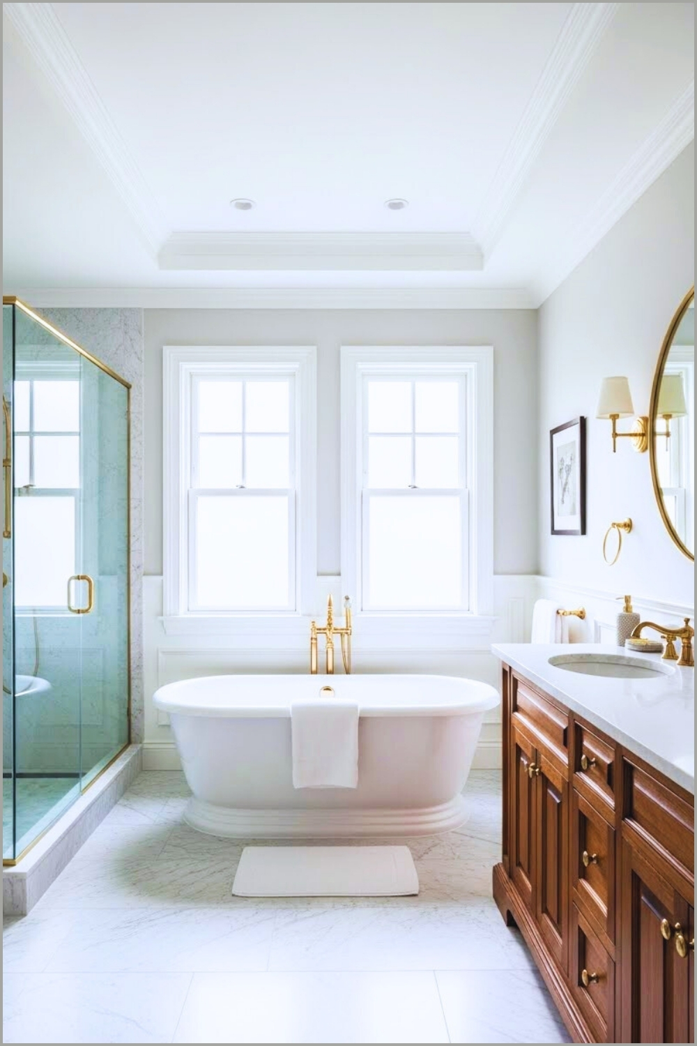 Elegant Transitional Bathroom With A Refined Tray Ceiling