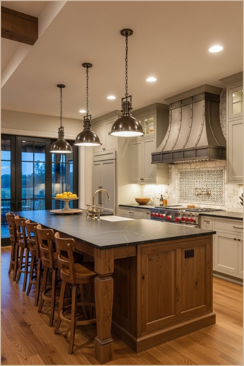 Elegant Transitional Kitchen With A Large Rustic Wood Island