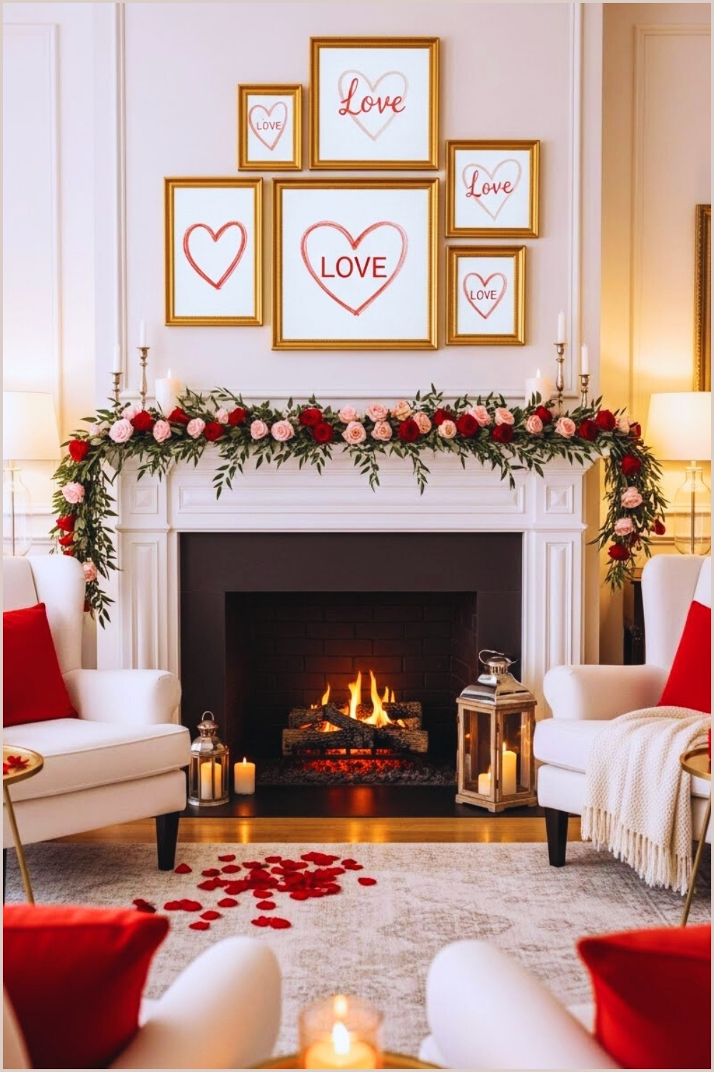 Elegant Valentine’s Day Living Room With A White Fireplace Mantel