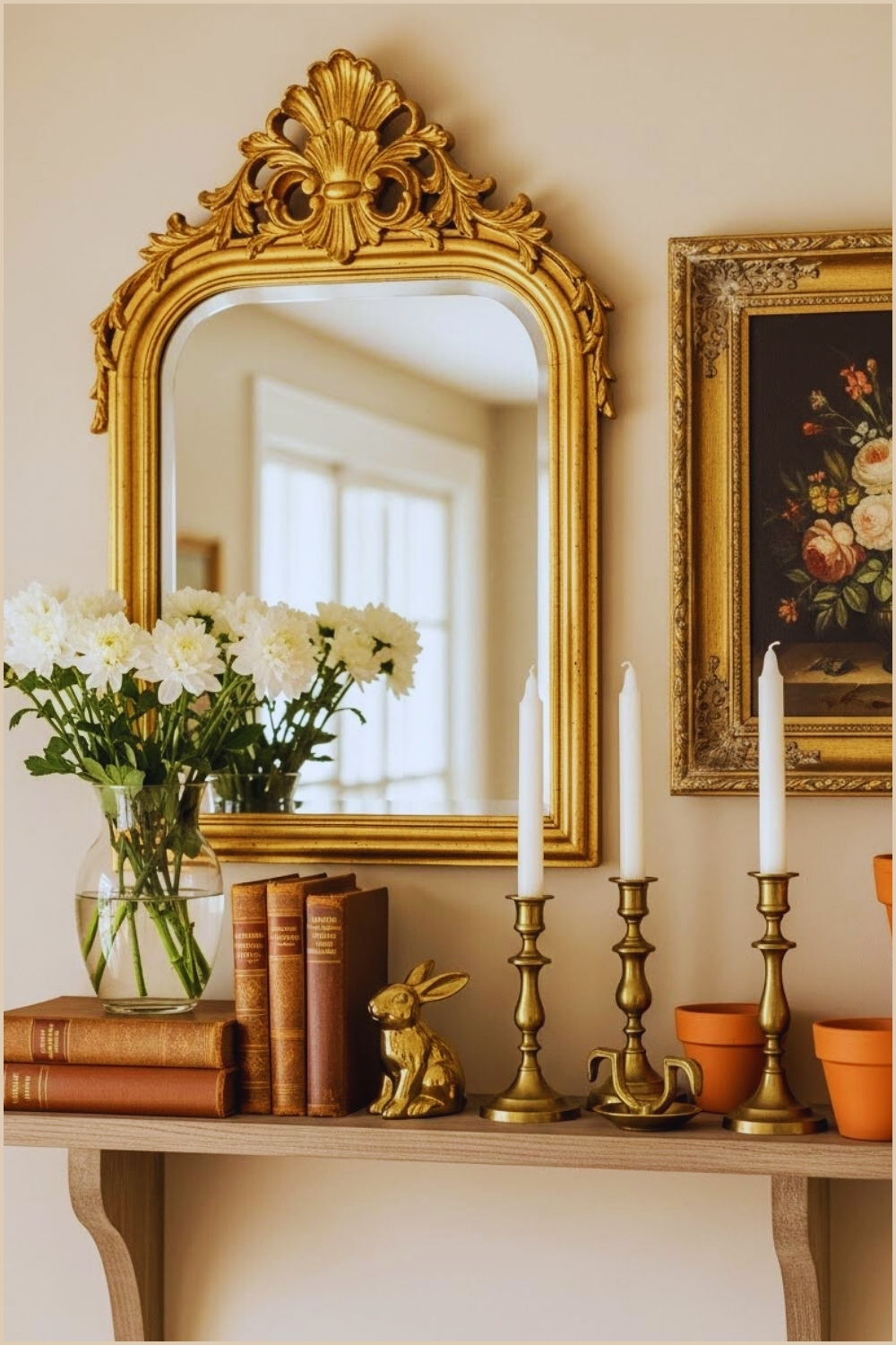 Elegant Vintage Style Wall Shelf With Gold Ornate Mirror