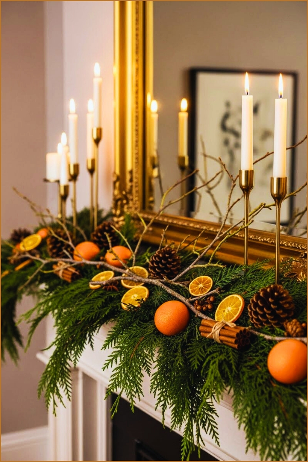 Elegant Winter Botanical Mantel Decorated With Oranges