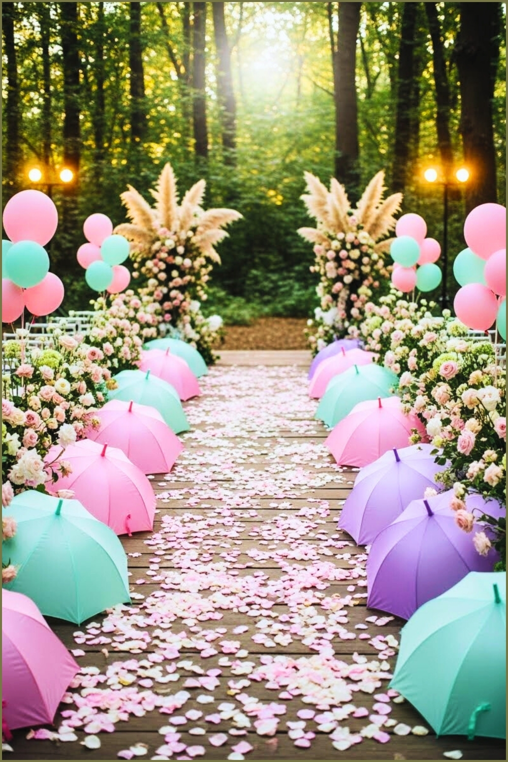 Enchanted Wedding Aisle Lined With Pastel Umbrellas