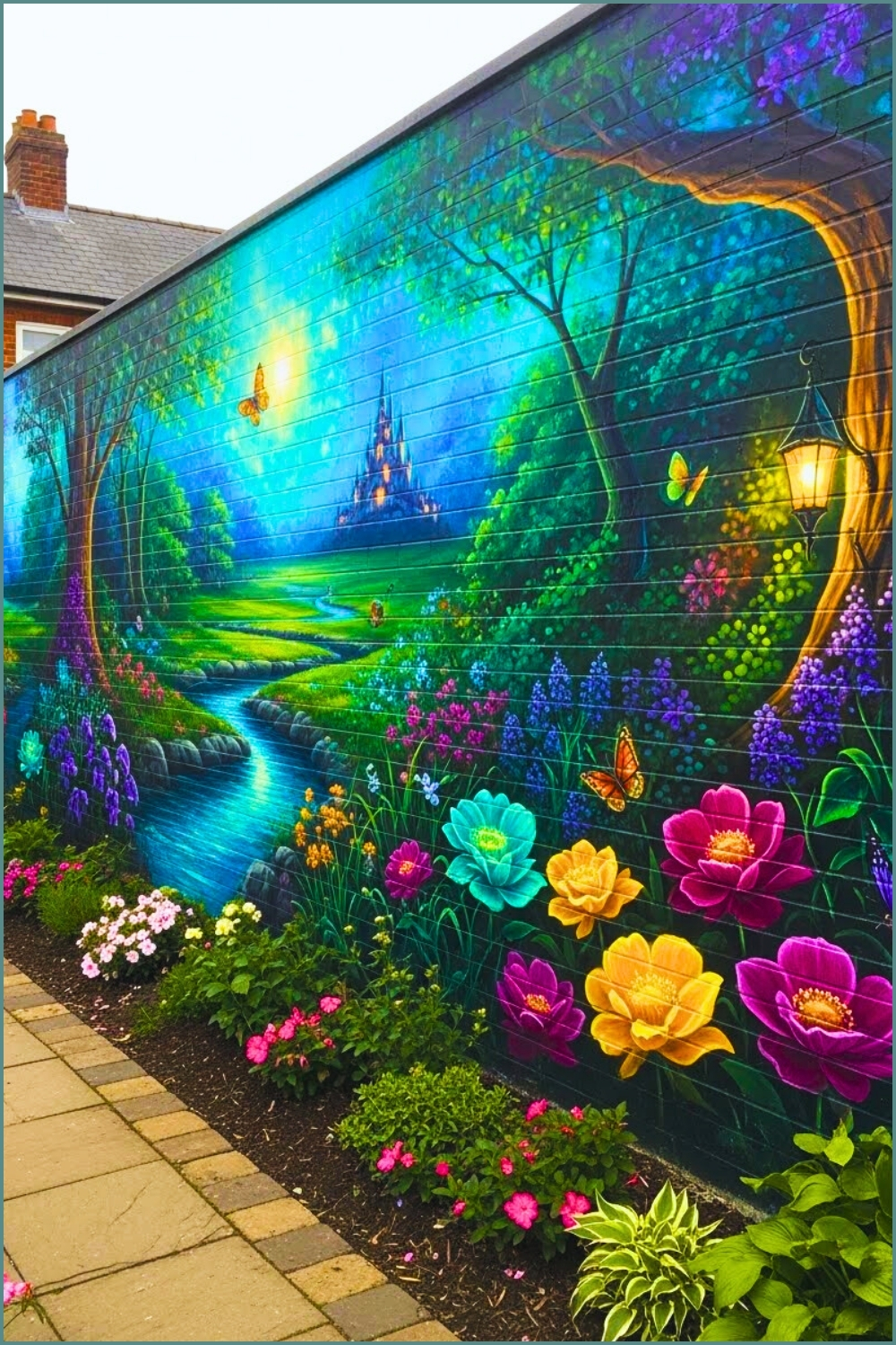 Enchanting Fantasy Garden Wall Mural Painted On A Long Brick Wall