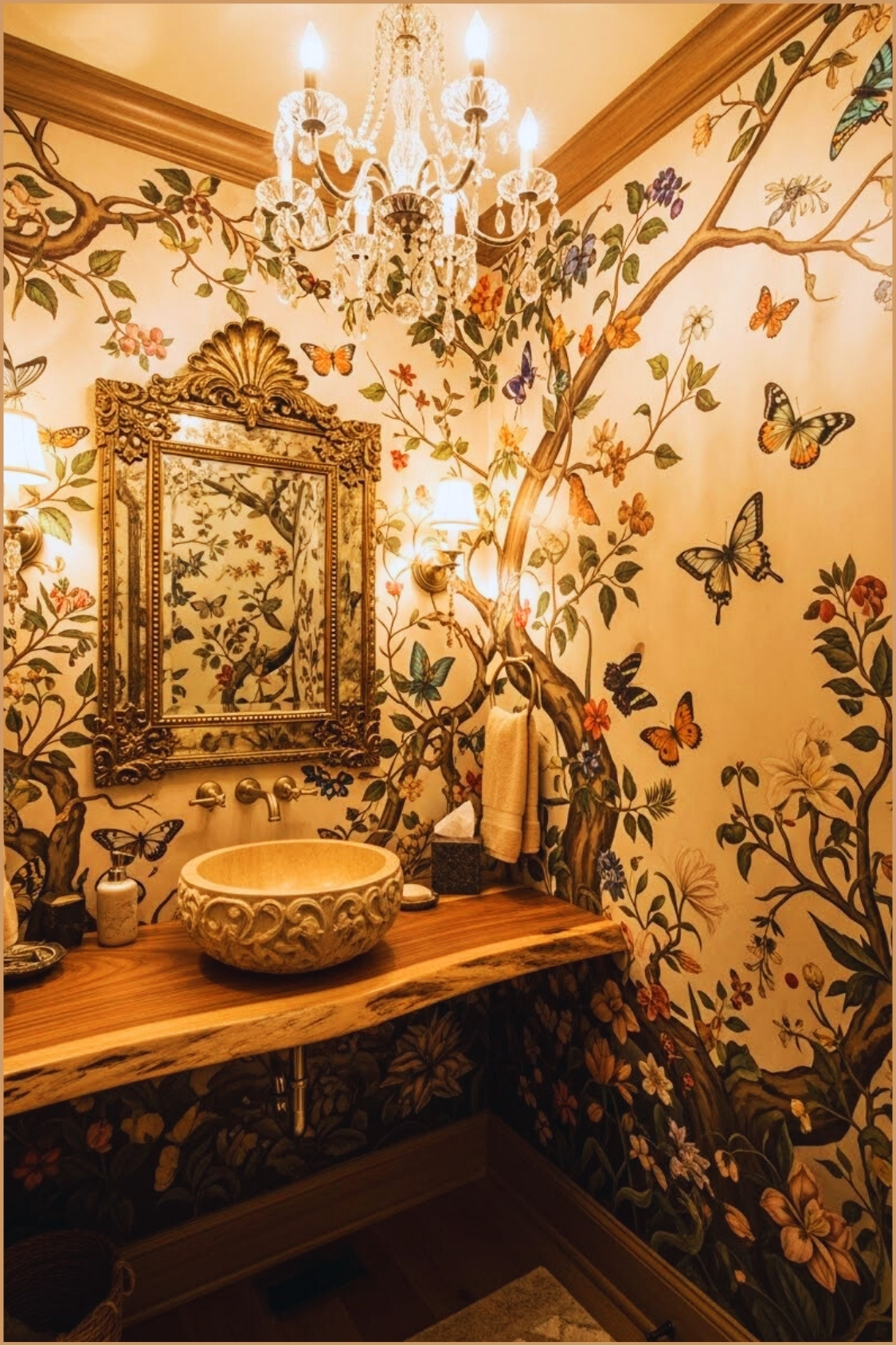 Enchanting Nature Inspired Powder Room With Hand Painted