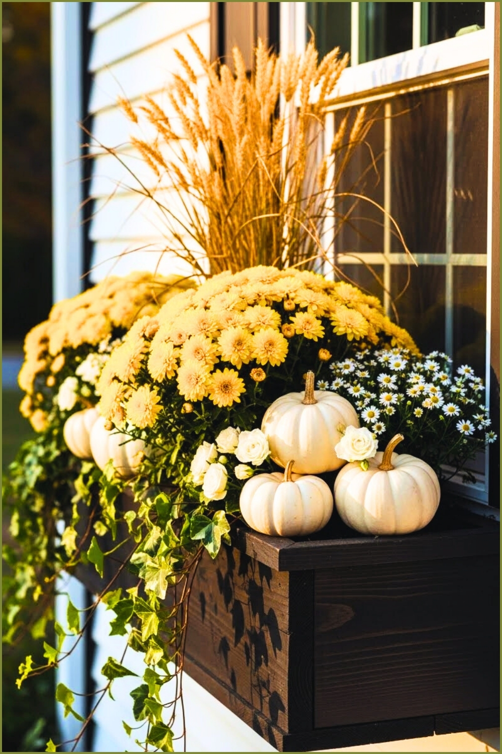 Fall Window Box Decor With Yellow Chrysanthemums