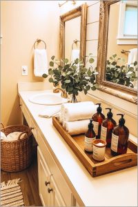 Farmhouse Bathroom Styling, Rustic Wood Tray With Rolled