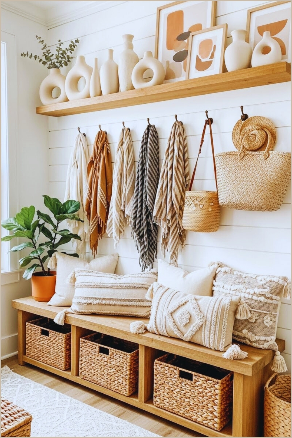 Farmhouse Entryway With Boho Vibes Shiplap White Walls