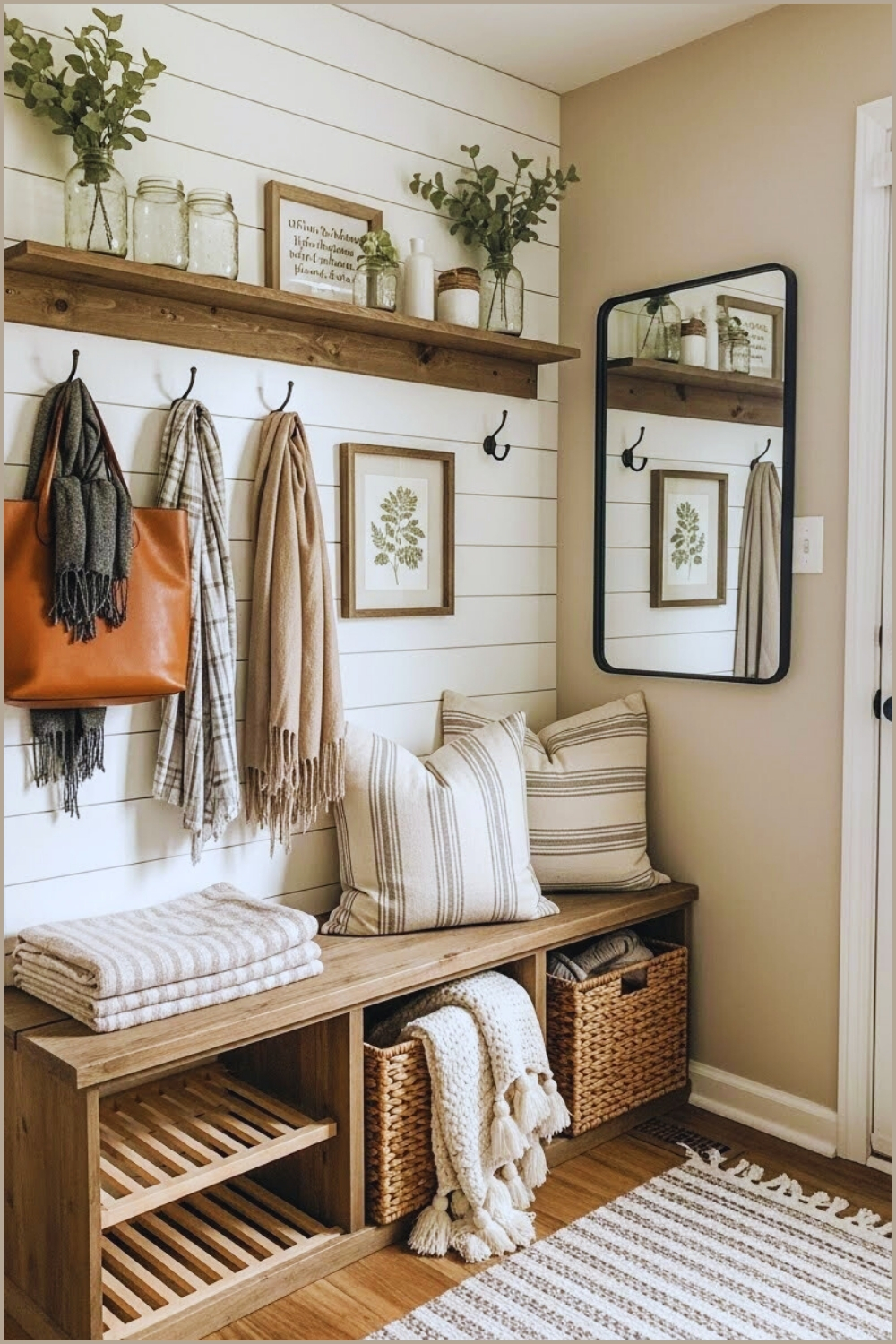 Farmhouse Entryway With Rustic Seating And Functional