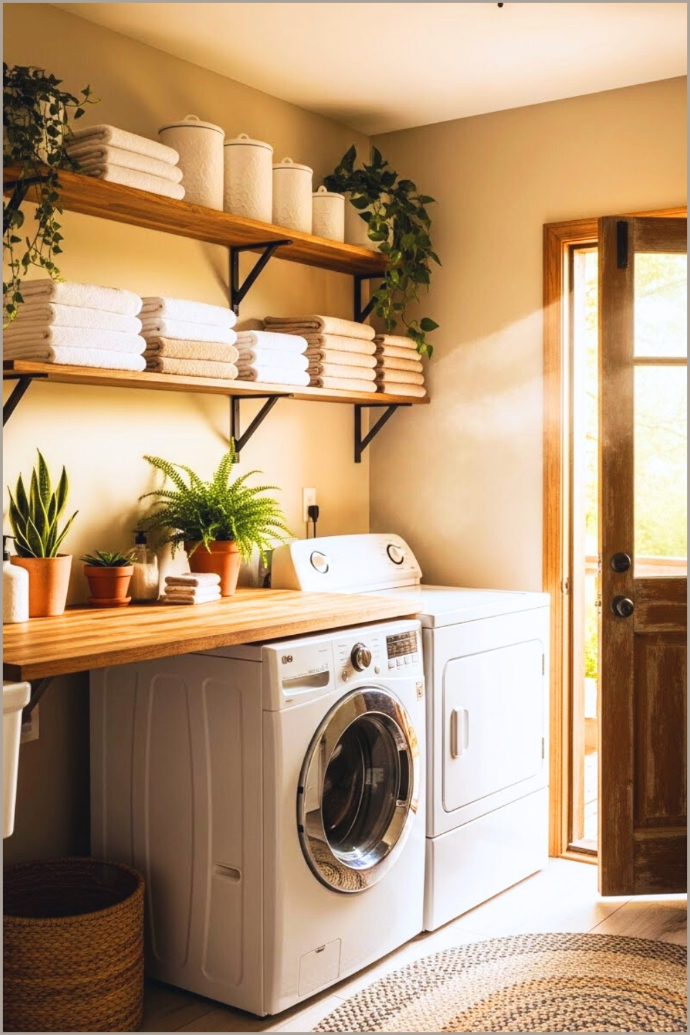 Farmhouse Laundry Room With Long Countertop Above