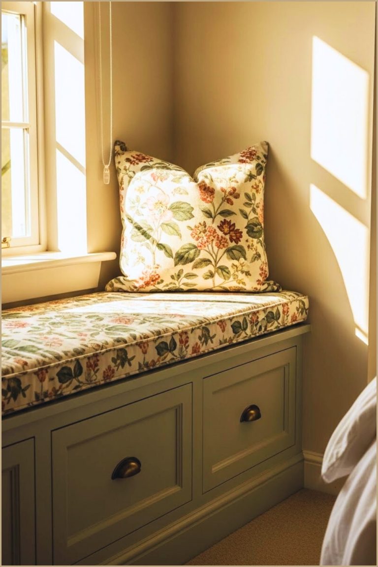 Farmhouse Style Built In Storage Bench Under Window