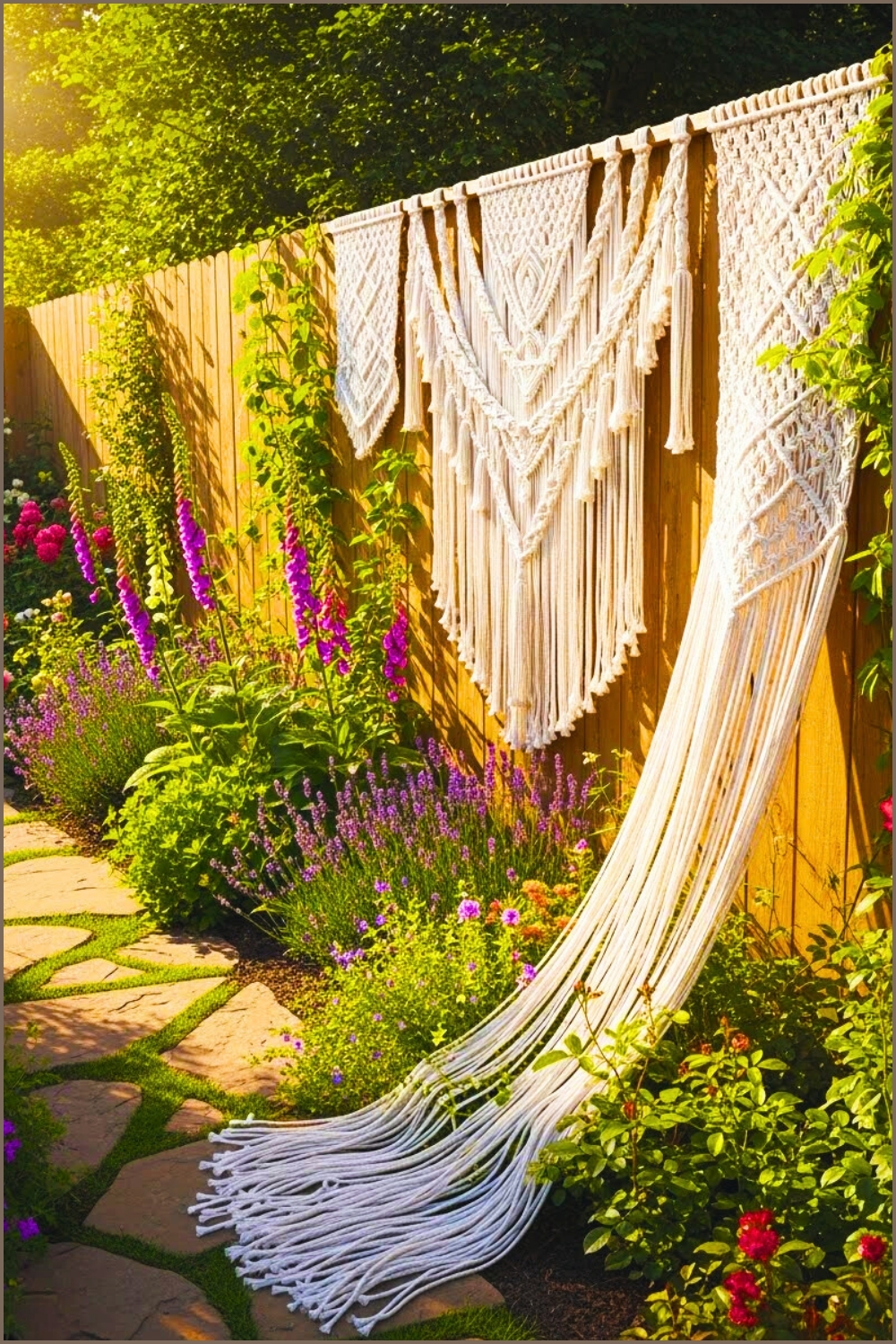 Fence Wrapped In Long White Macrame Weaving, Fringe Flowing