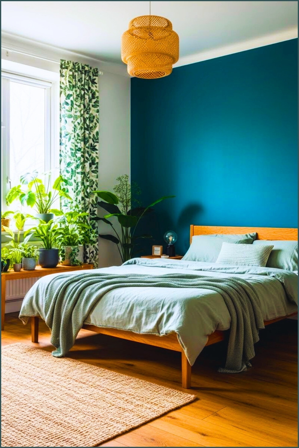 Fresh Botanical Bedroom With A Rich Teal Accent Wall
