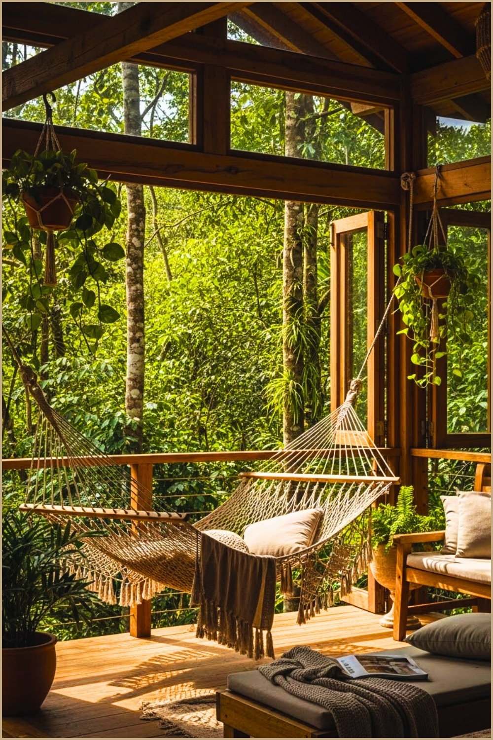 Fresh Green Leafy Treehouse Setting, Hammock In Dappled