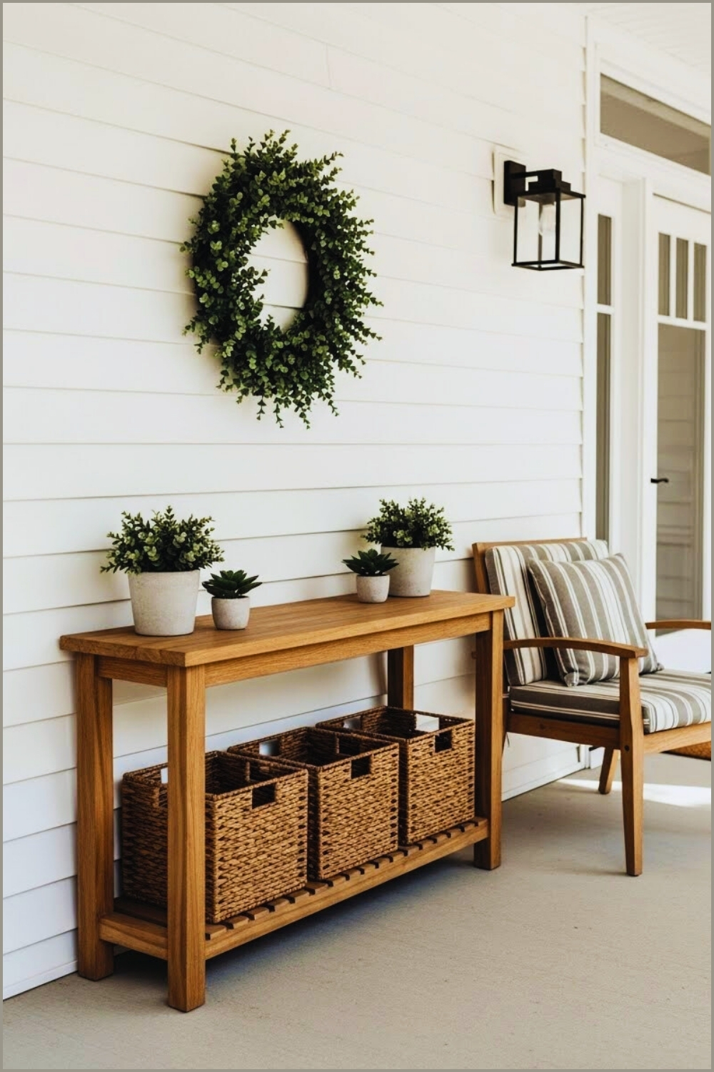 Fresh Modern Porch With Wooden Console Table Decorated