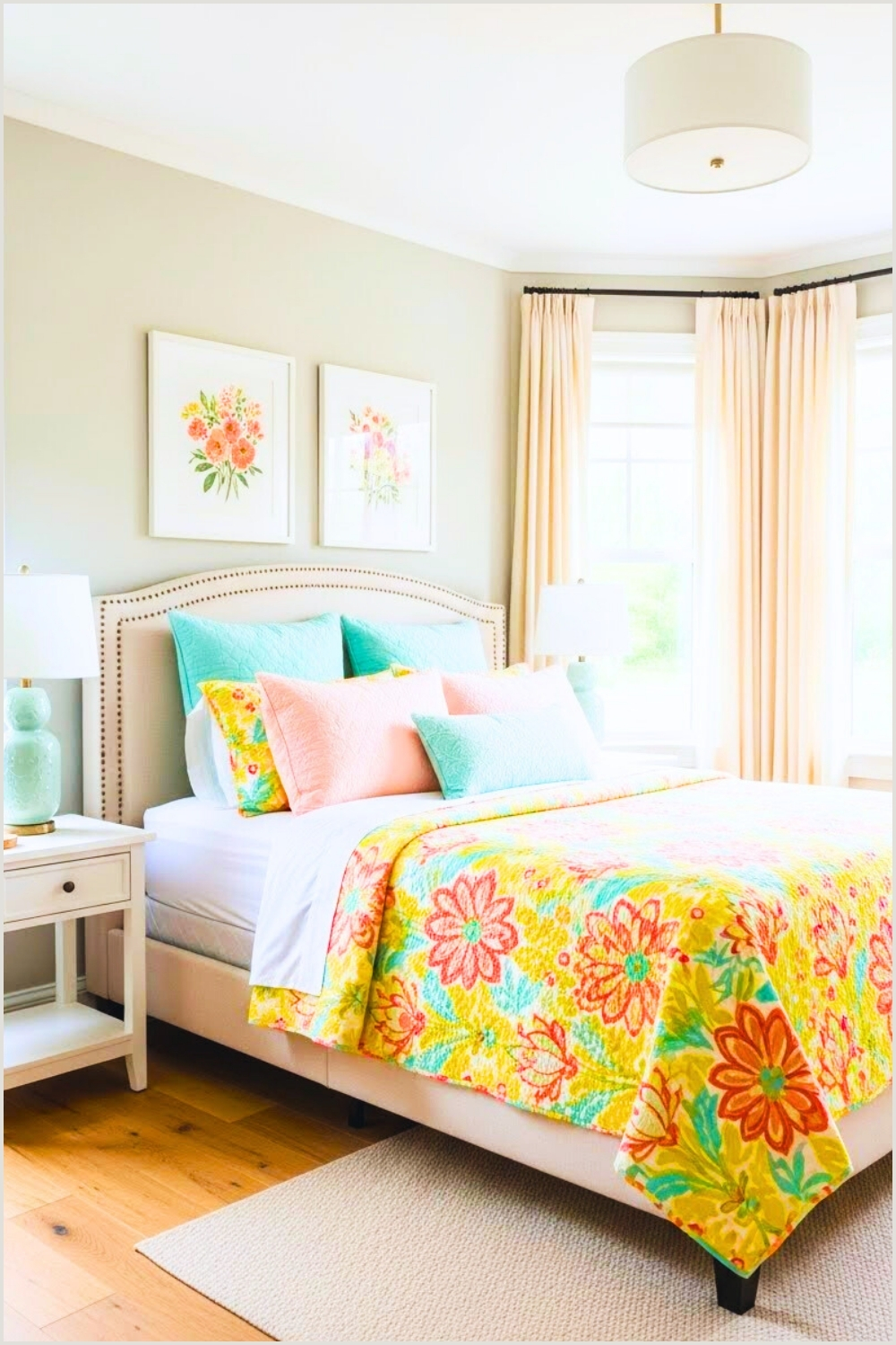 Fresh Seasonal Bedroom With A Bright Floral Quilt In Yellow